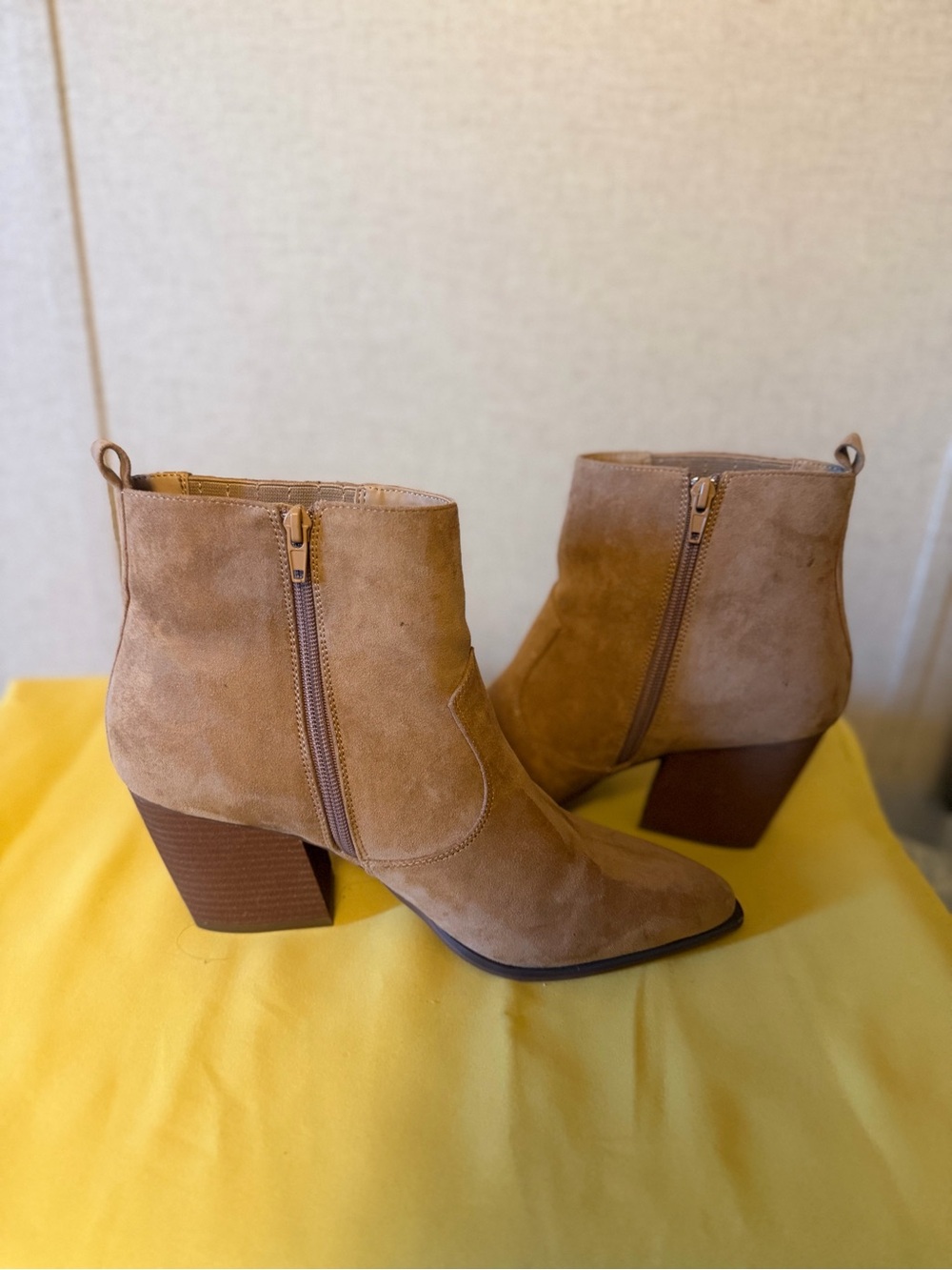 Suede Tan Ankle Booties with Block Heel